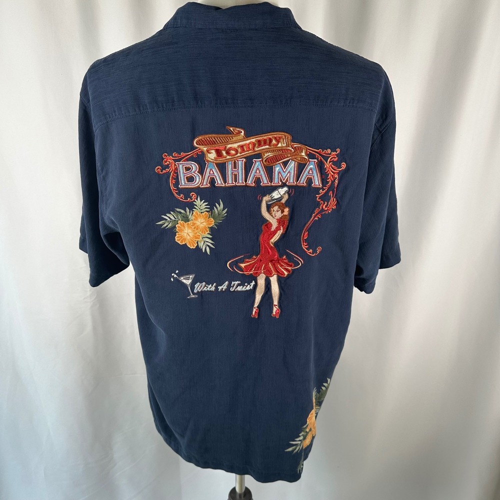 Vtg Tommy Bahama With A Twist Silk Shirt Mens L Navy Embroidered Pinup Girl SS